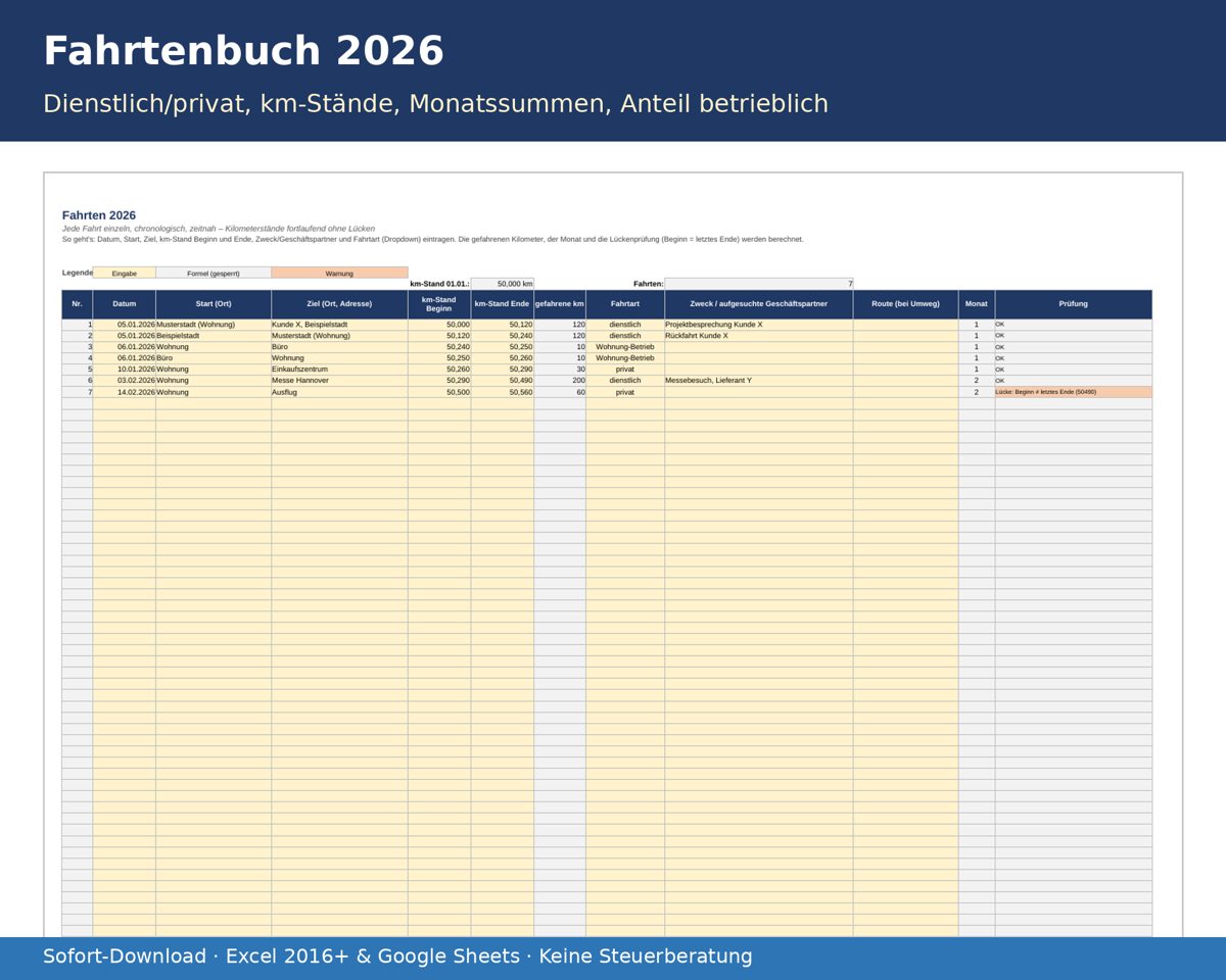 Fahrtenbuch 2026 in Excel mit Kilometerständen und Monatssummen