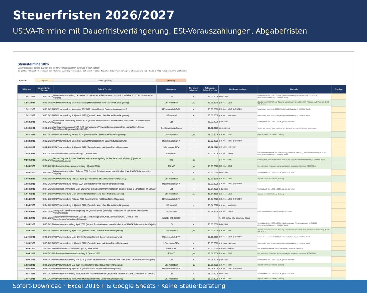 Steuerfristen-Kalender 2026/2027 mit UStVA-Terminen