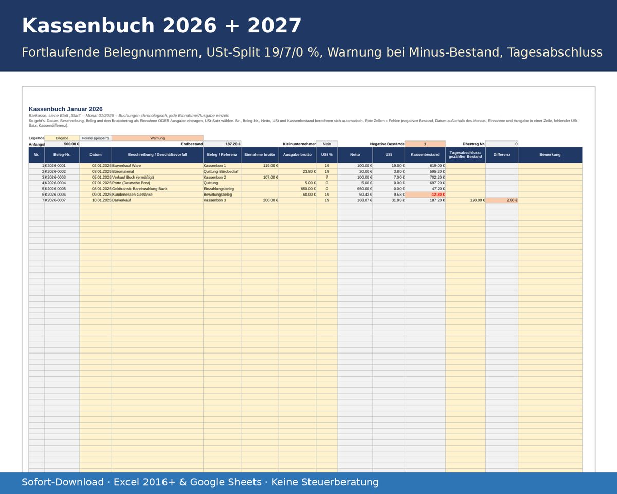Kassenbuch 2026 in Excel: Buchungen mit Belegnummer, Netto, Umsatzsteuer und laufendem Kassenbestand